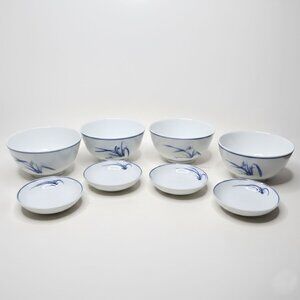 Vintage Chinese Porcelain Bowl & Saucer Set (8-Piece) Blue & White Handpainted